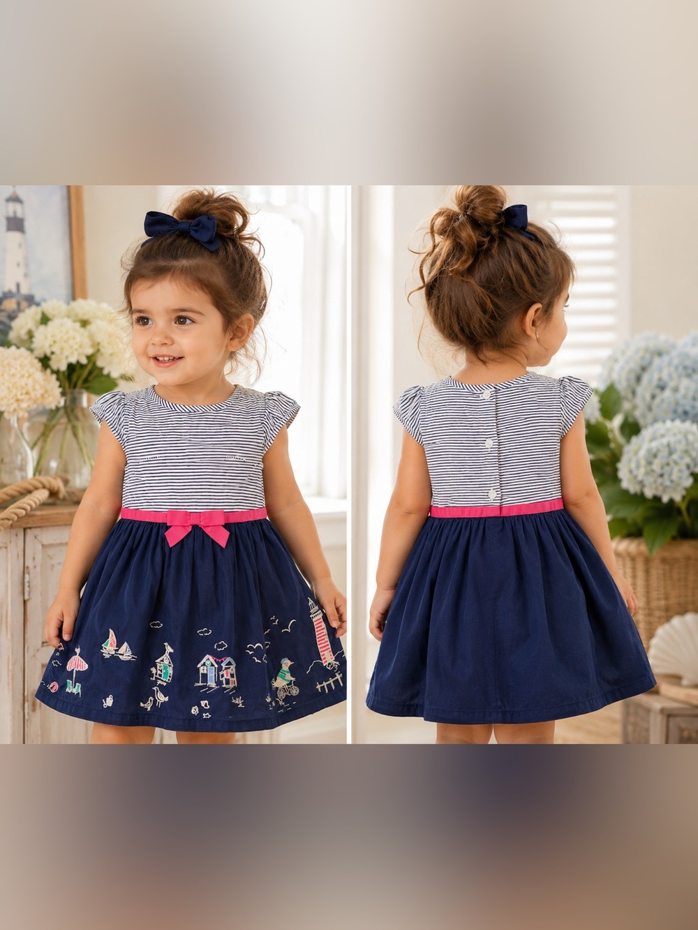 Vibrant “Shore To Love” Nautical Lighthouse Beach Embroidered Seaside Dress, 2T